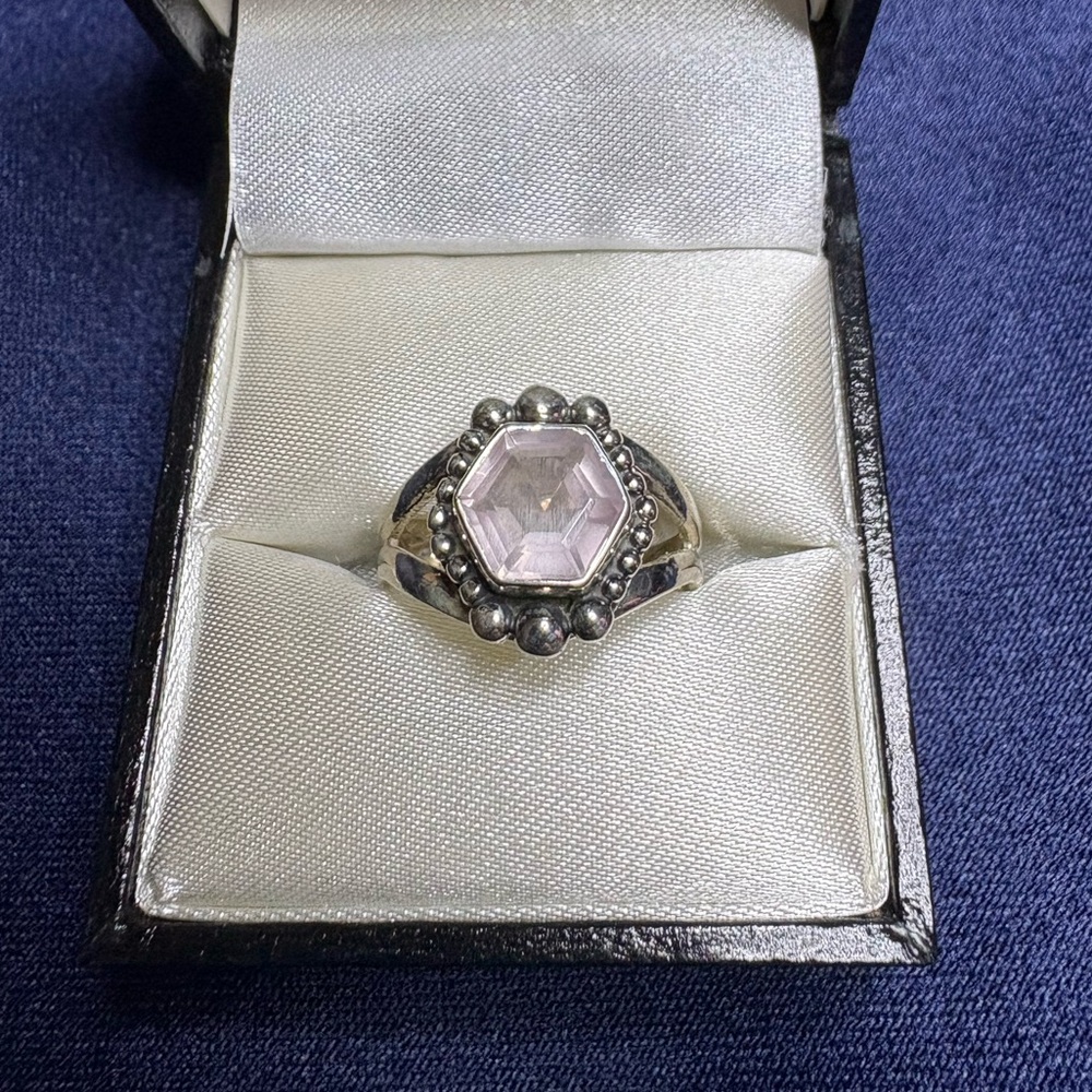 Sterling Silver Hexagonal Pink Gem Halo Ring